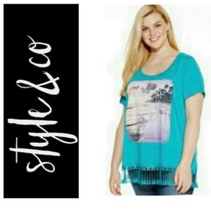 🫐 STYLE & CO Blue Graphic “Wake Me Up For Summer” Fringe Tee NWT 1X